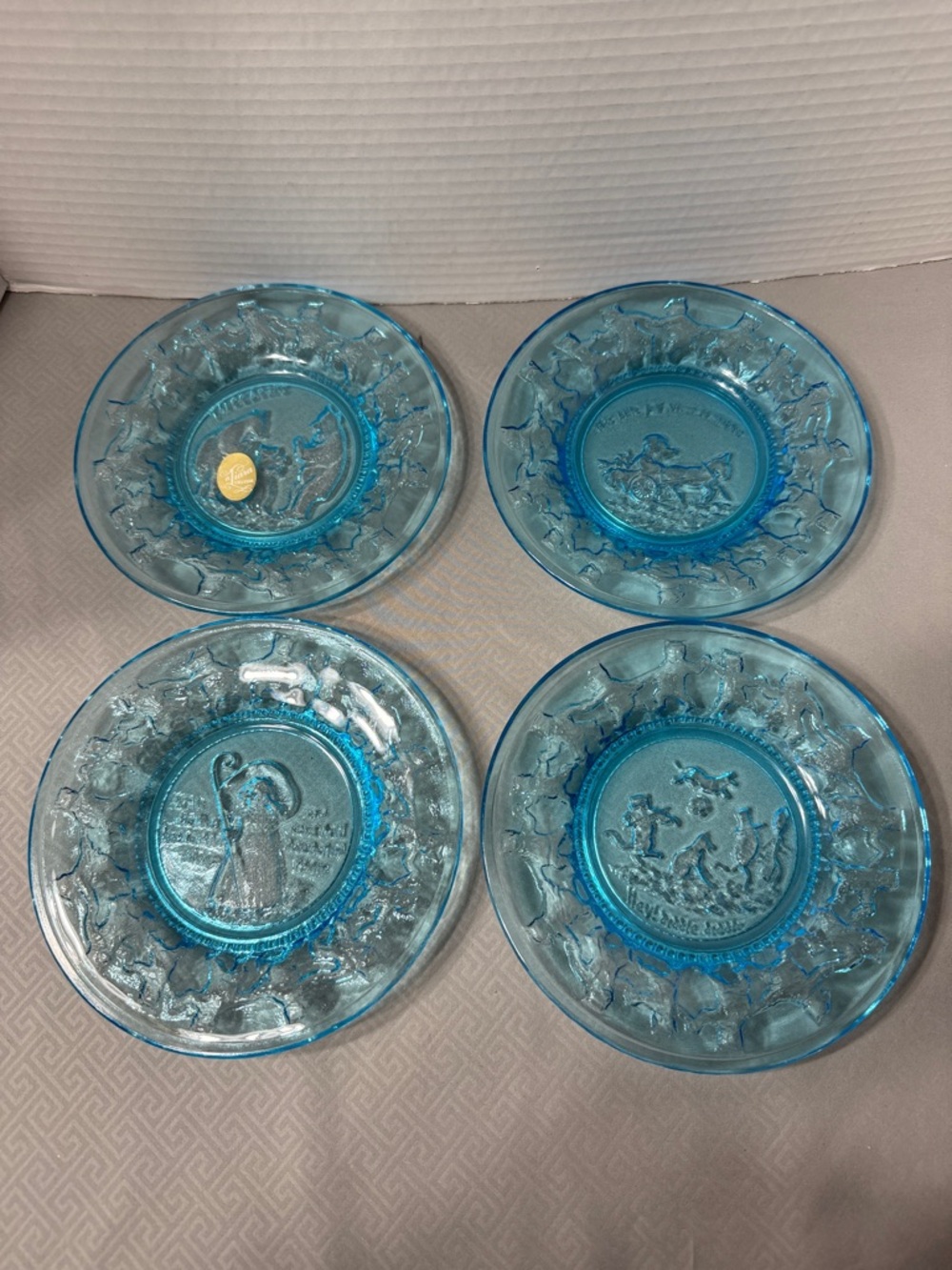 Tiara Indiana Glass Blue  Embossed Nursery Rhyme Dessert Snack Plates Set of 4